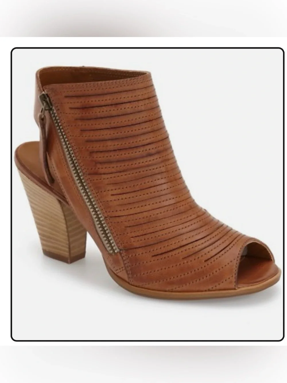 Paul Green Tan Perforated Peep-Toe Leather Block Heel Bootie -SIZE 10
